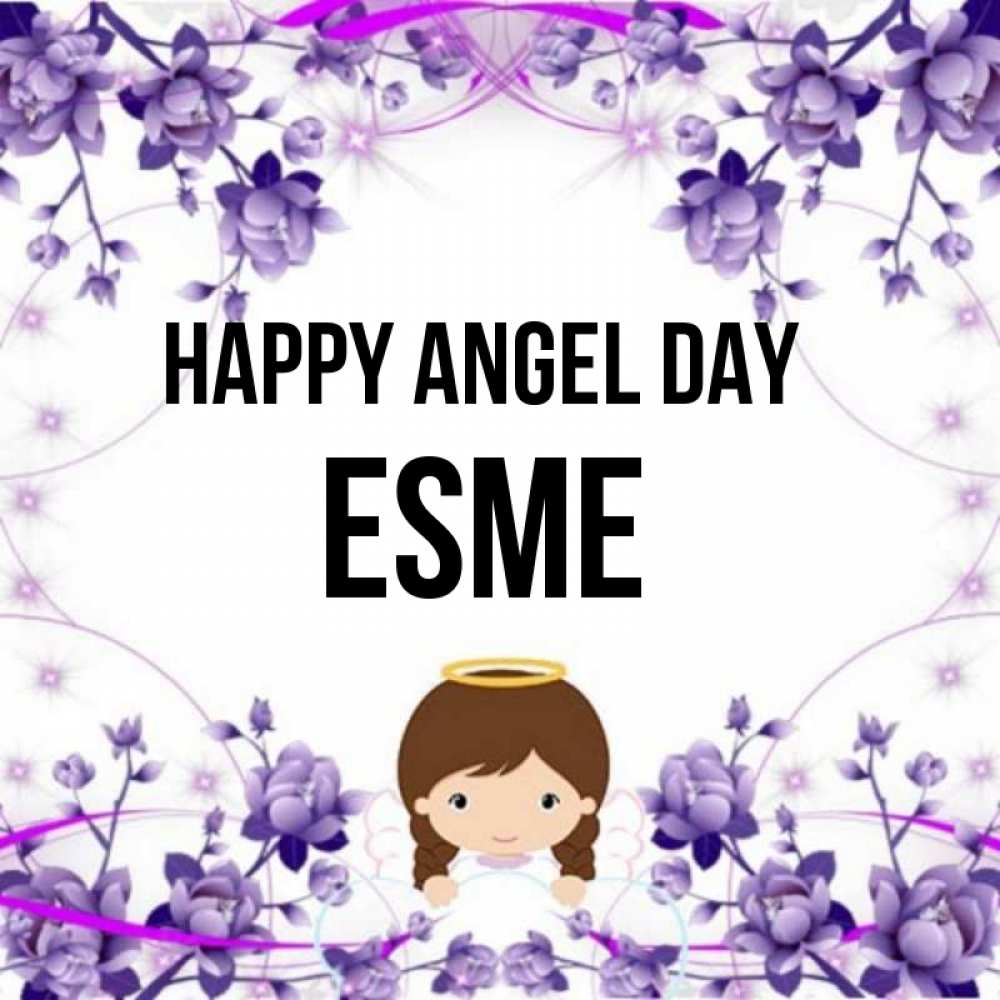 Greetings card с именем, Esme happy angel day с именинами в рамочке Greetings with text for free download 