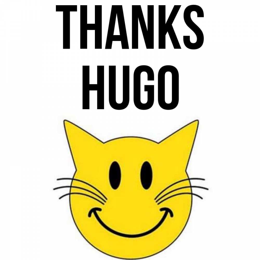 Greetings card с именем, Hugo Thanks улыбающийся смайл кот Greetings with text for free download 