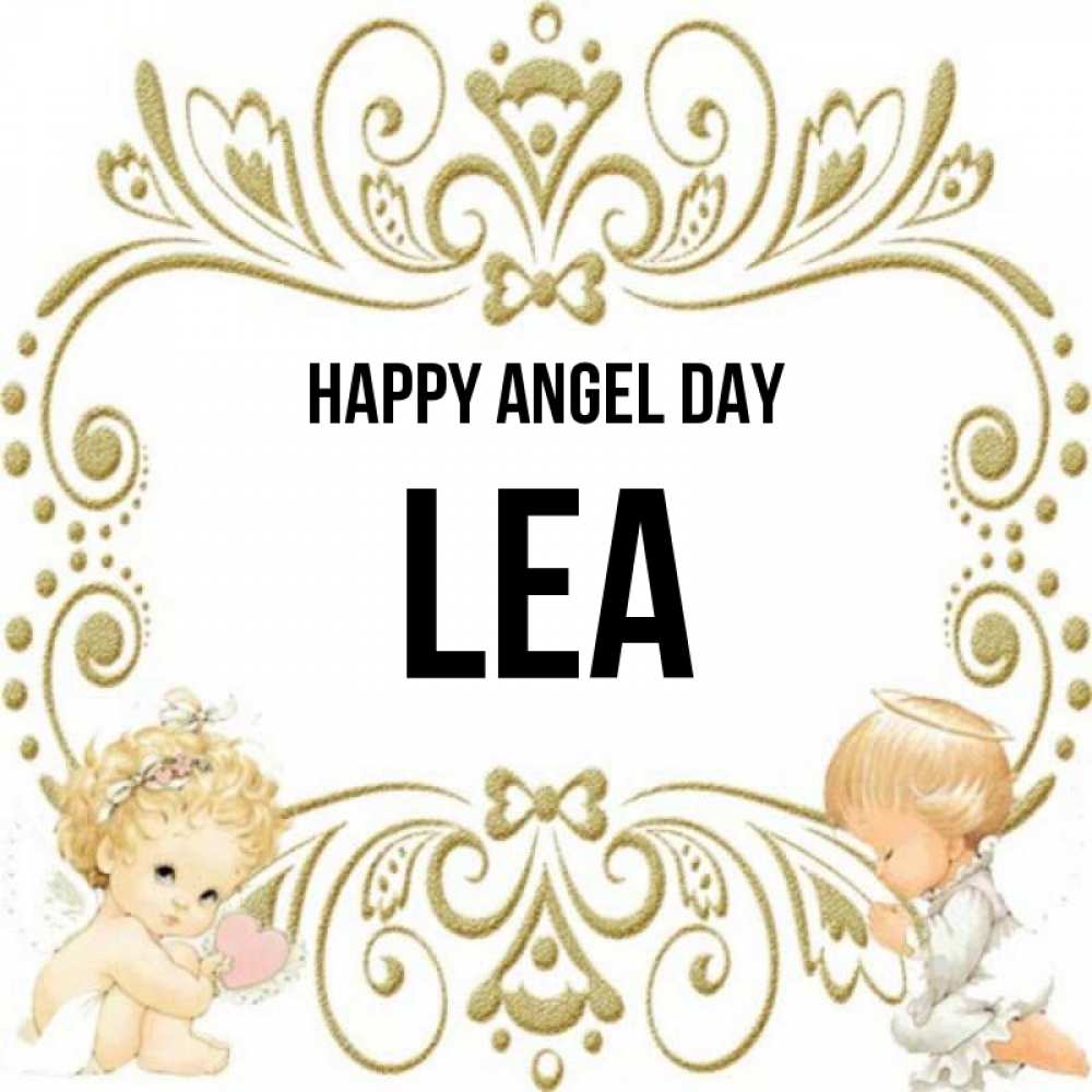 Greetings card с именем, Lea happy angel day с именинами поздравляют два красивых ангела. Один с сердечком другой молится Greetings with text for free download 