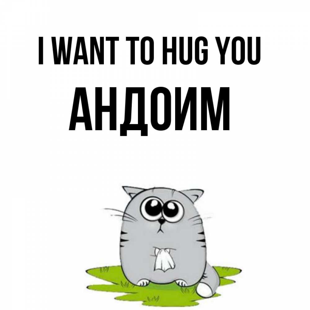 Greetings card с именем, Андоим I want to hug you котик теребит платочек сидя на травке Greetings with text for free download 