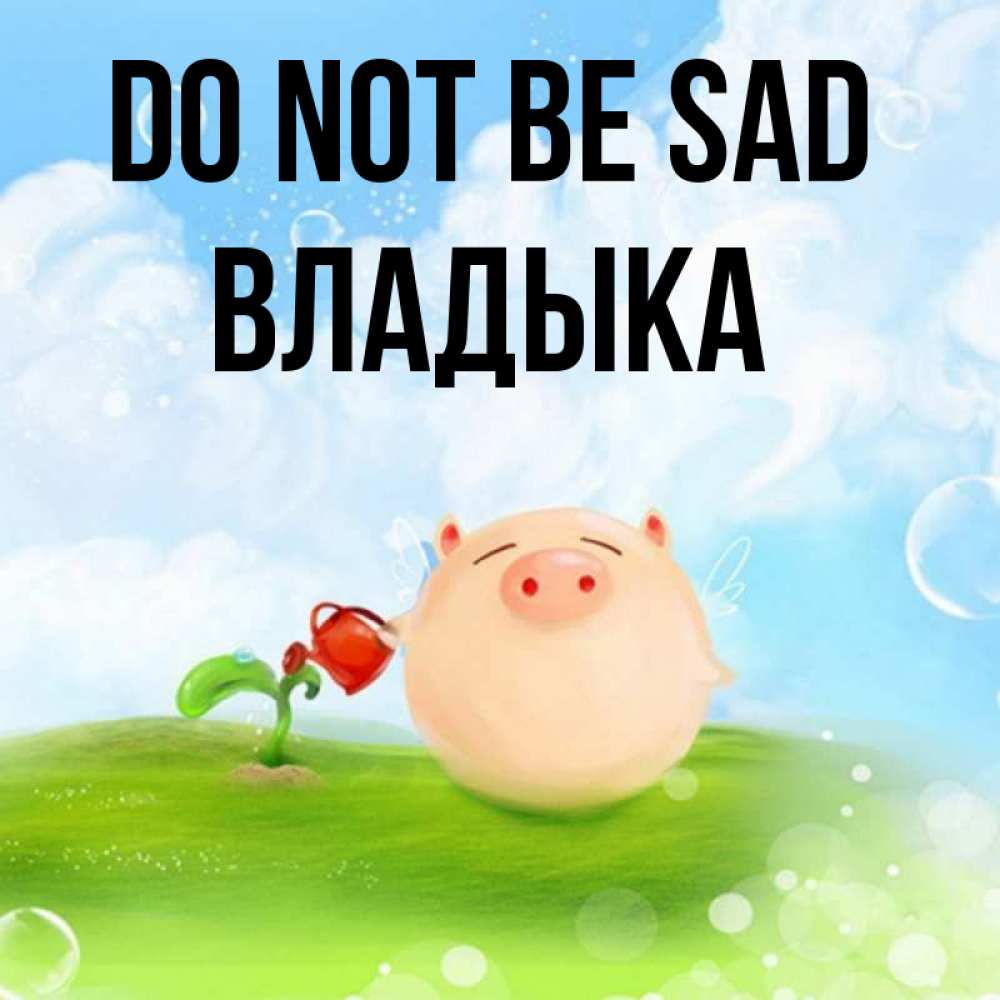 Greetings card с именем, Владыка Do not be sad поливает цветок порося Greetings with text for free download 