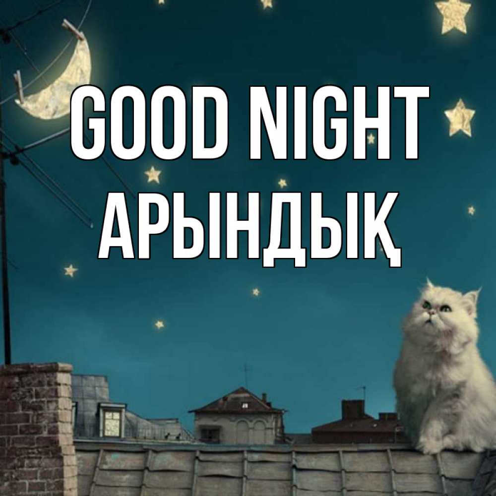 Greetings card с именем, Арындық Good night белый кот сидит на крыше Greetings with text for free download 